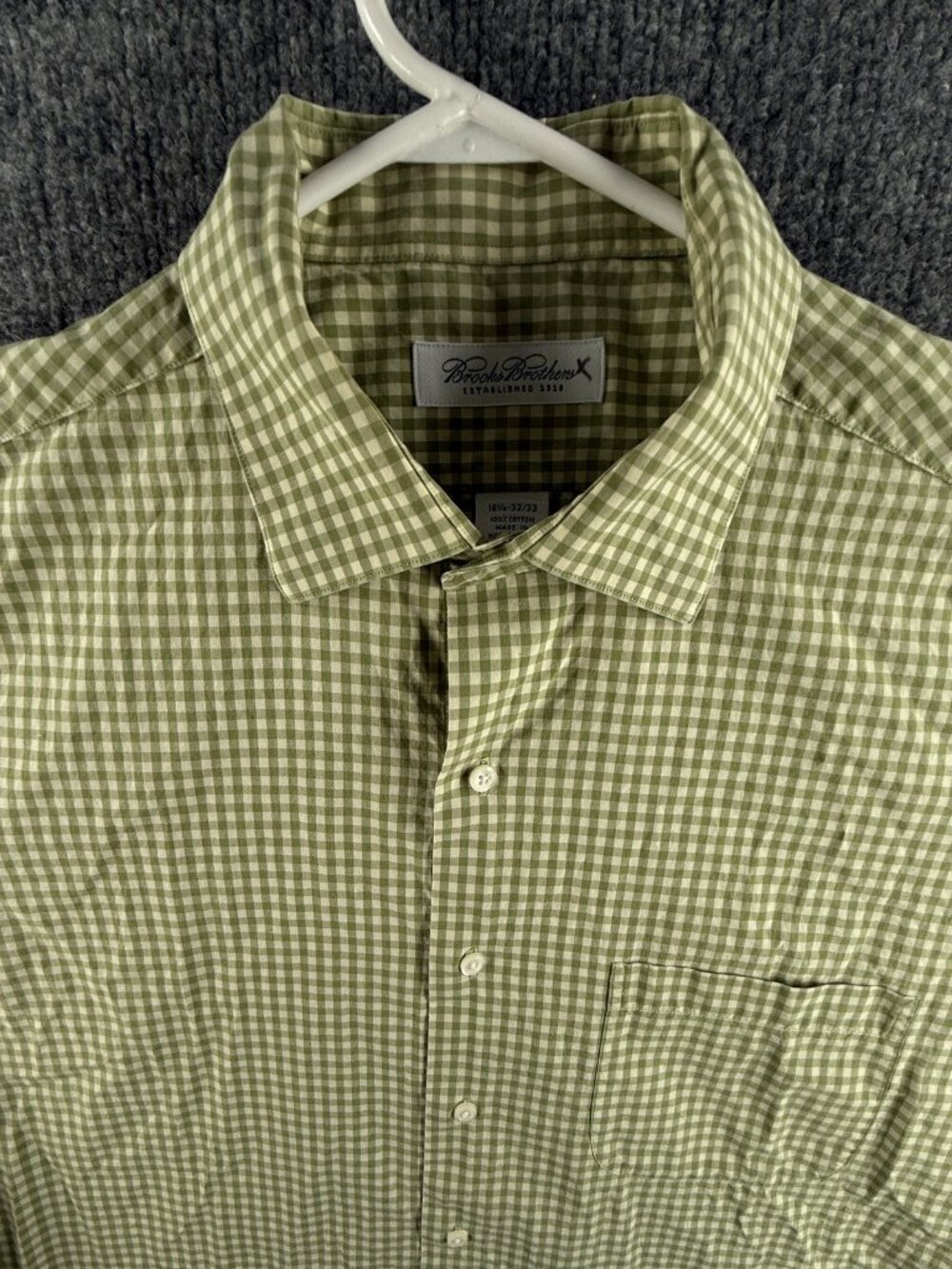 Brooks Brothers Cotton Check 16.5 32/33 Green Button Up Mens Pocket Long Sleeve